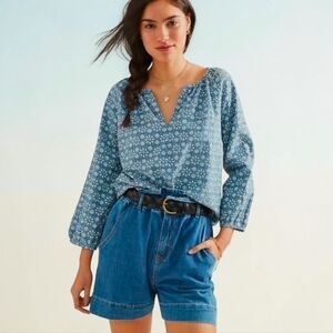 Roller Rabbit Popover Top Large Blue Floral Wythe Peasant Hippie Poet Blouse